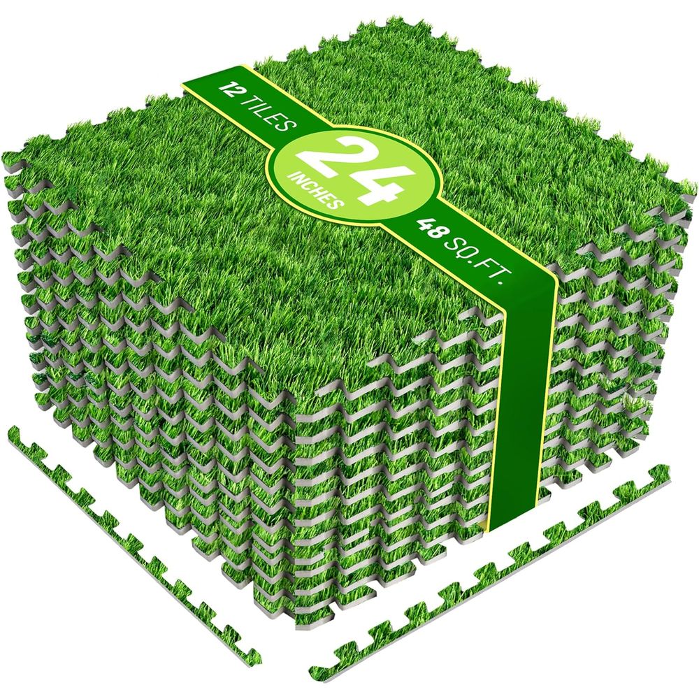 Kids Outdoor Mat - 12-Piece Interlocking Artificial Grass Mats, 24x24,