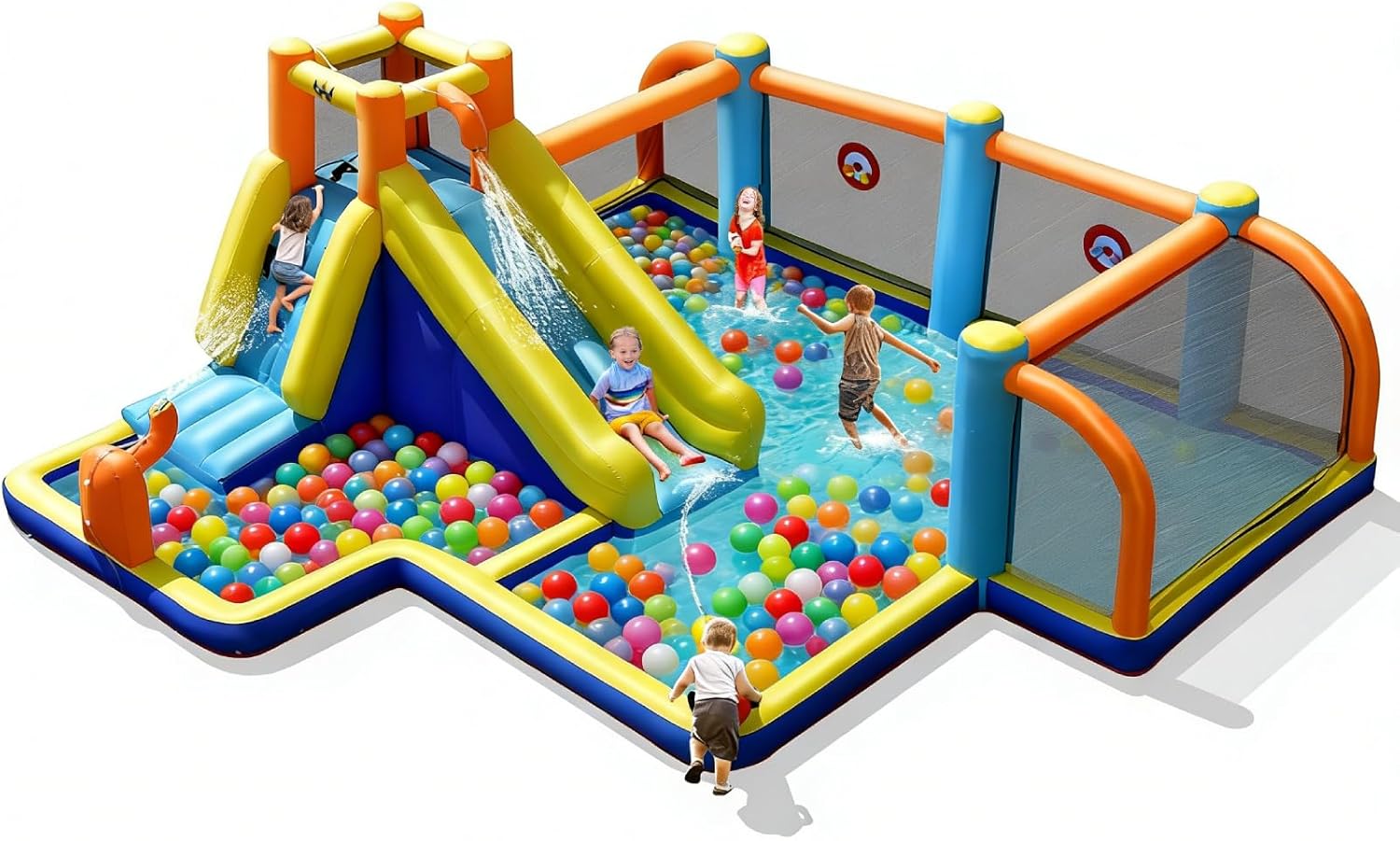 Kids Outdoor Water Park - Inflatable Water Slide, Dual Cannons Water